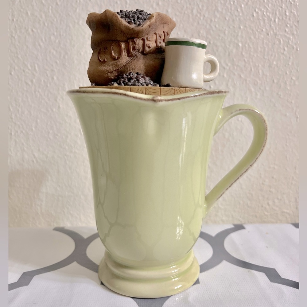 CASAFINA Meridian Light Green 5" Footed Mug & Vintage topper coffee beans.